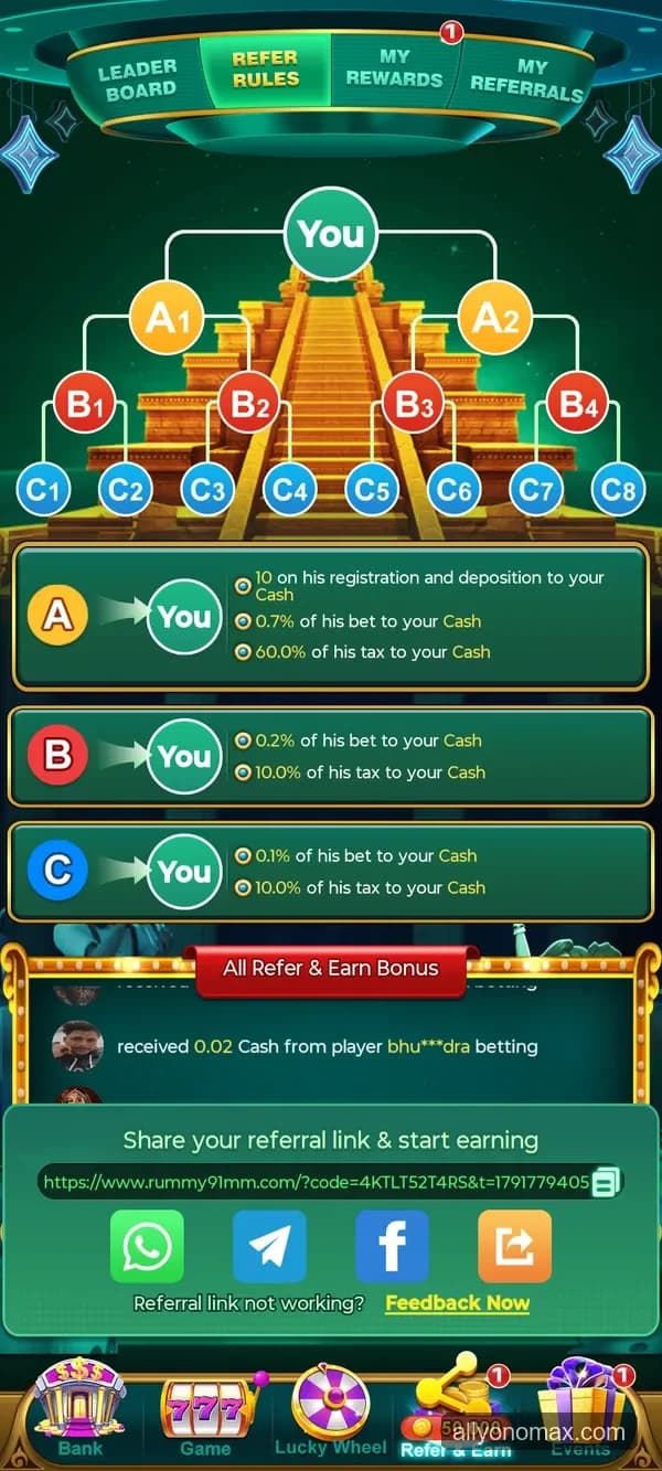 rummy 91 referral program screen
